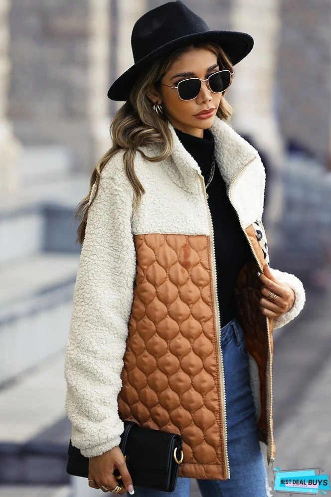 Color Block Leopard Patchwork Zipper Fleece Coat