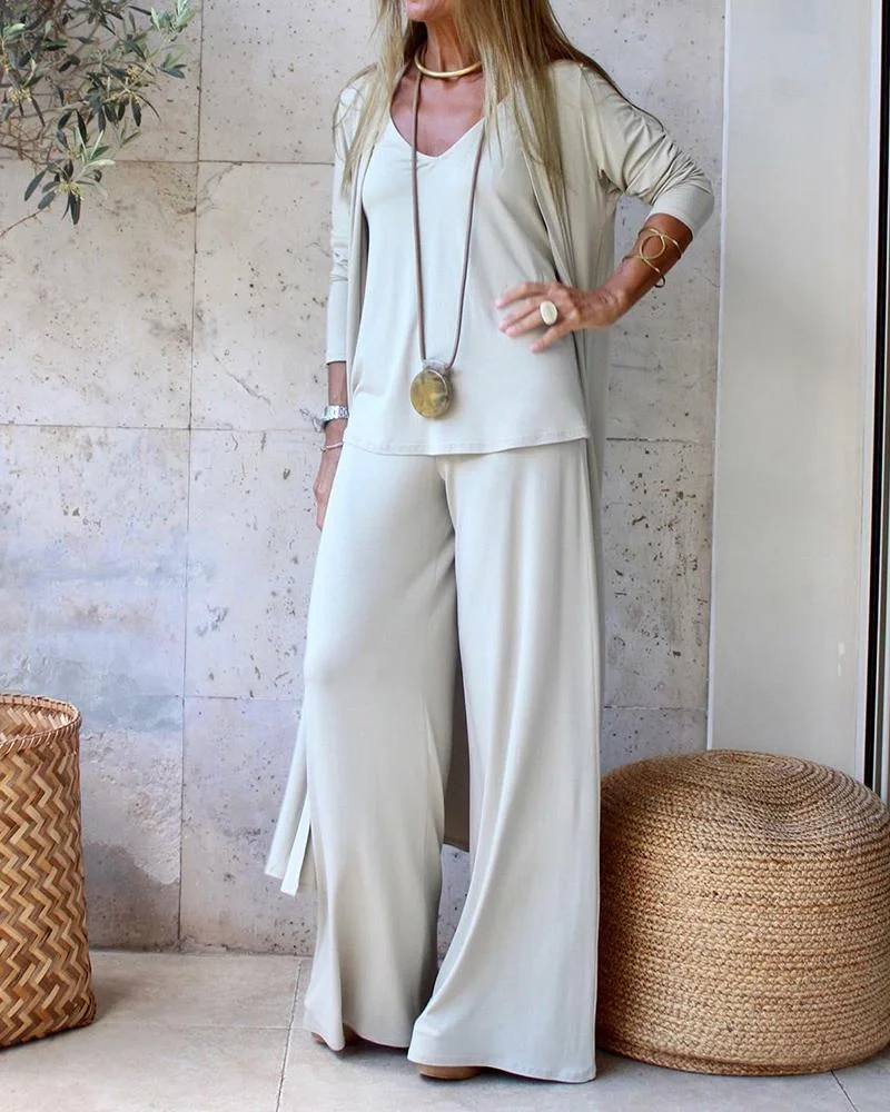 Solid Color Cardigan & V-Neck Sling Top & Casual Trousers Three Piece Set