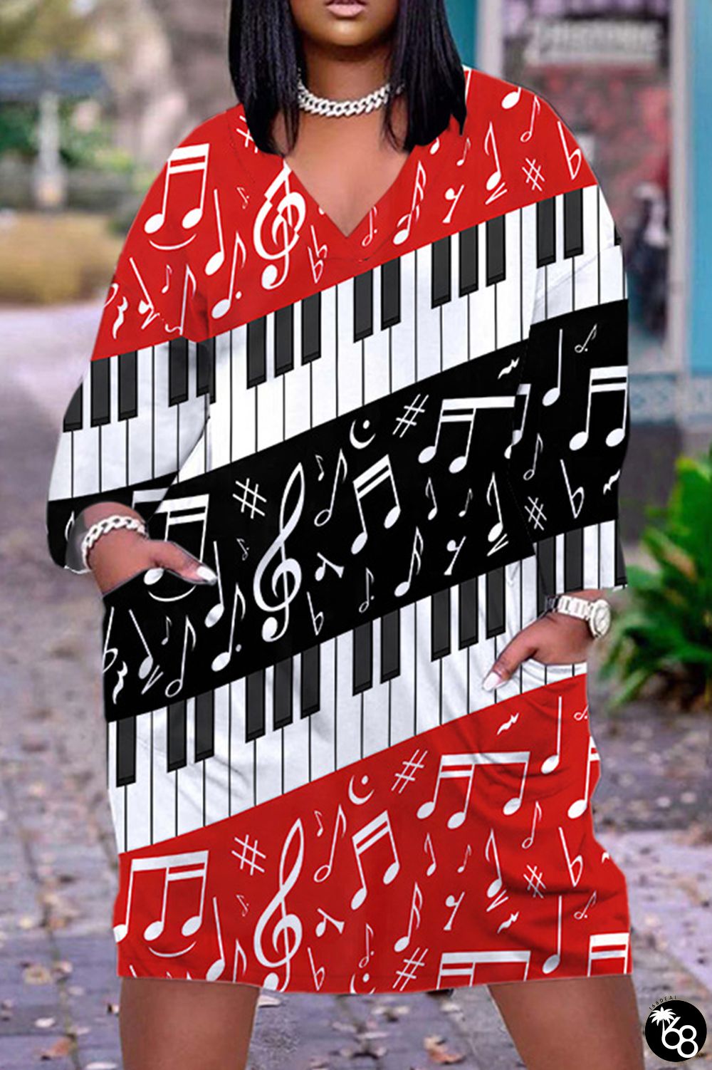 Casual Print Basic V Neck Long Sleeve Dresses | 168DEAL