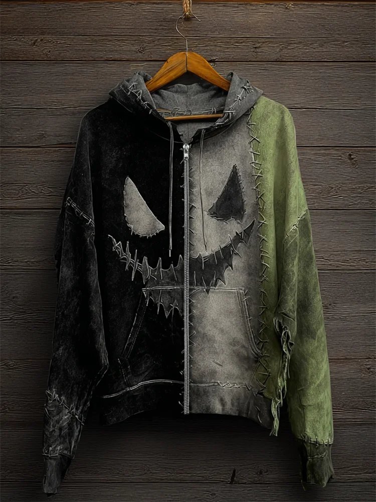 Halloween Spooky Face Contrast Colorblock Full Zip Hoodie