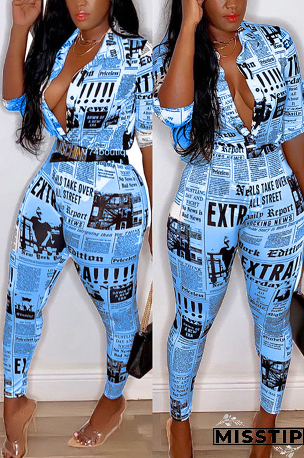 Blue Fashion Sexy Slim fit Two Piece Suits Geometric Letter asymmetrical Print Skinny Half Slee
