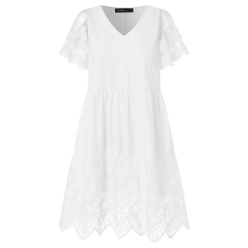 Elegant V Neck Short Sleeve Sundress ZANZEA Women's Summer Lace Crochet Party Dress Stylish Holiday OL Midi Vestidos Robe Femme