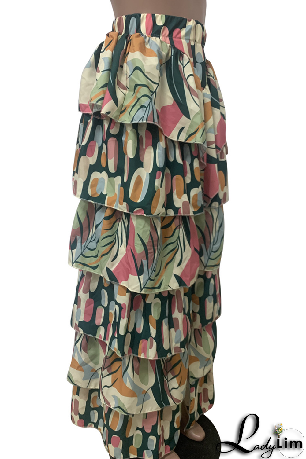 Multicolor Casual Print Flounce Straight High Waist Type A Full Print Bottoms