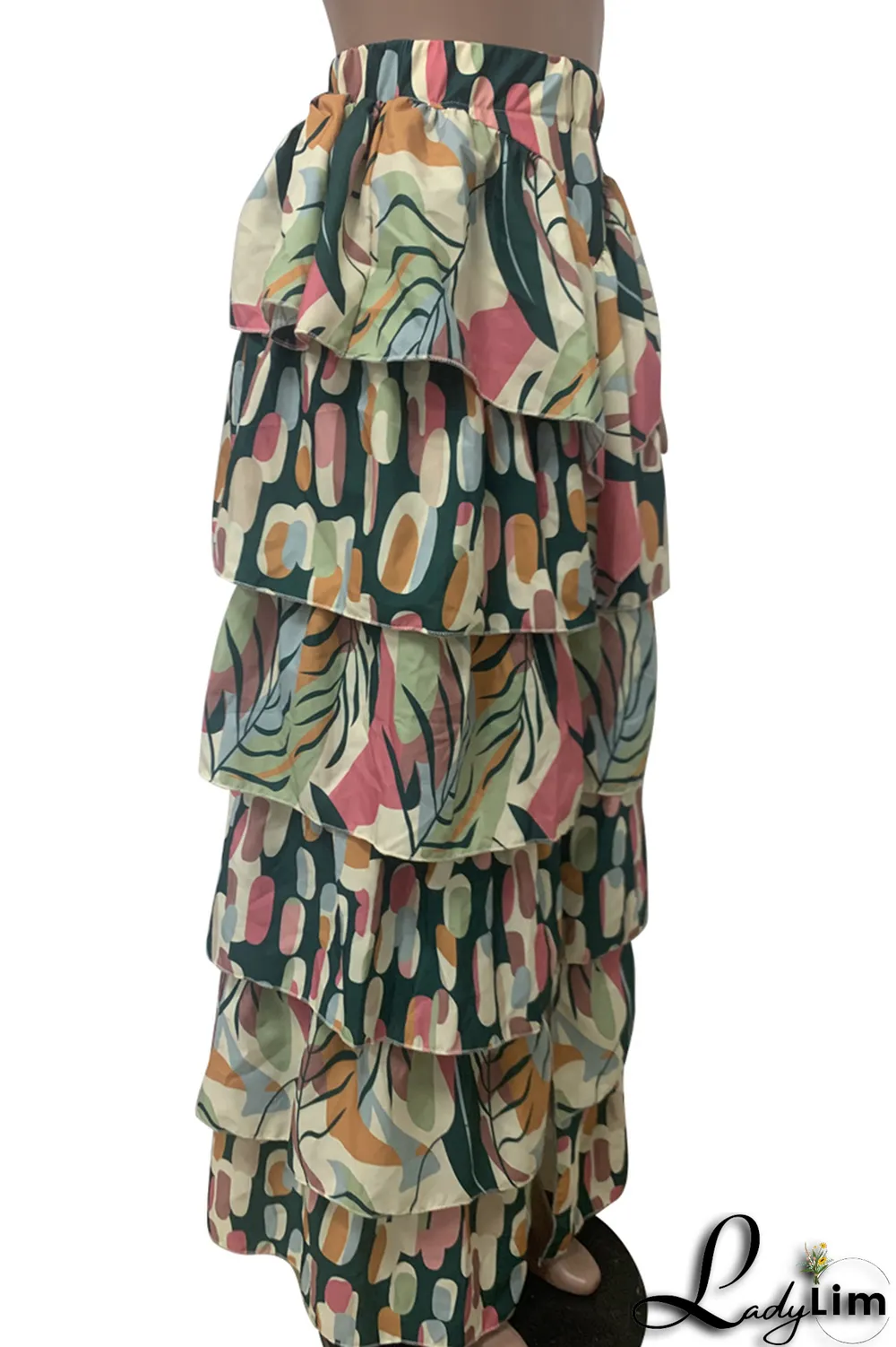 Multicolor Casual Print Flounce Straight High Waist Type A Full Print Bottoms
