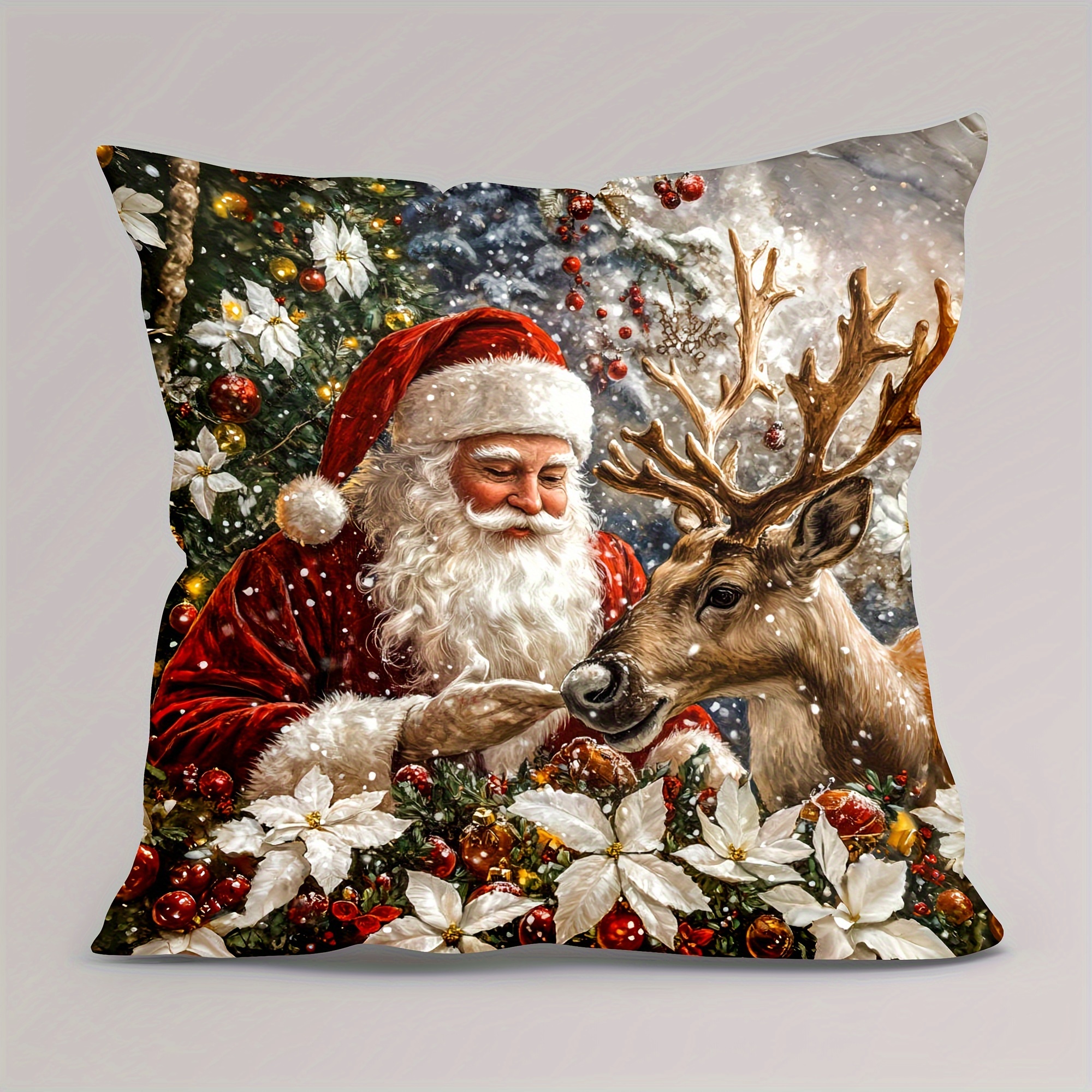 Christmas Santa and Reindeer Pattern Soft Velvet Throw Pillow Cover 17.7x17.7 Inch, Zipper Closure Decorative Cushion Case for Living Room - Machine Washable, Modern Style Single-Side Print, Polyester - 1pc