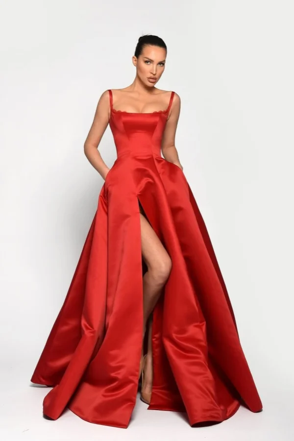 Red Elegant Square Sleeveless A-Line Split Prom Dress With Pockets YK0075