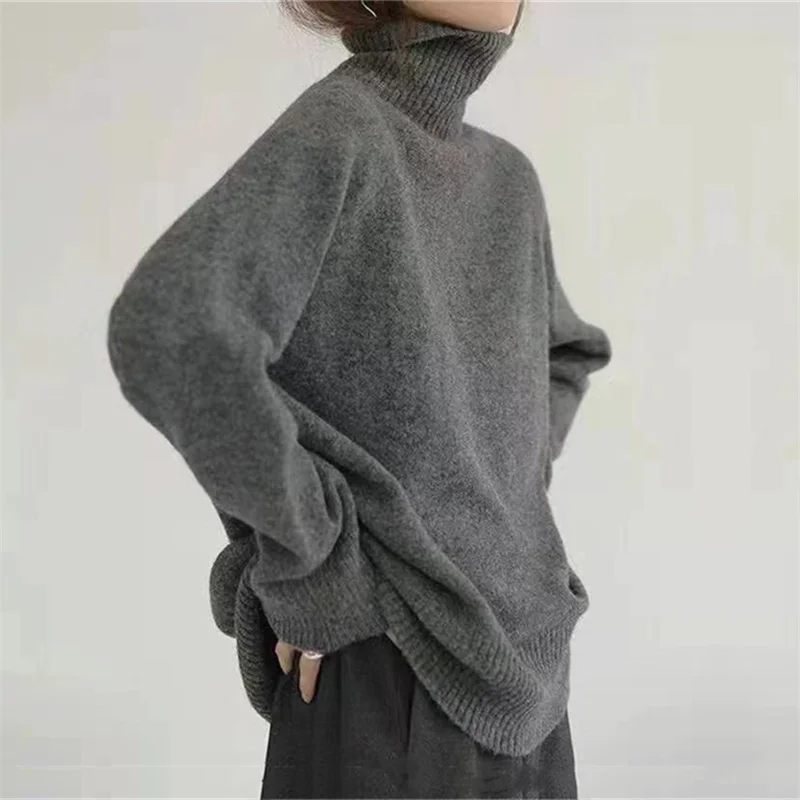 Pongl Winter New Senior Lazy Wind Solid Color Knit Bottom Shirt Show Thin Top High Collar Slip Sweater Women's Wear