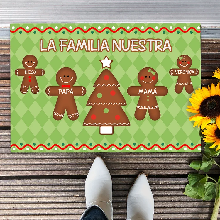 Navidad-felpudo/alfombra de entrada familia de hombres de jengibre personalizado con 4 nombres
