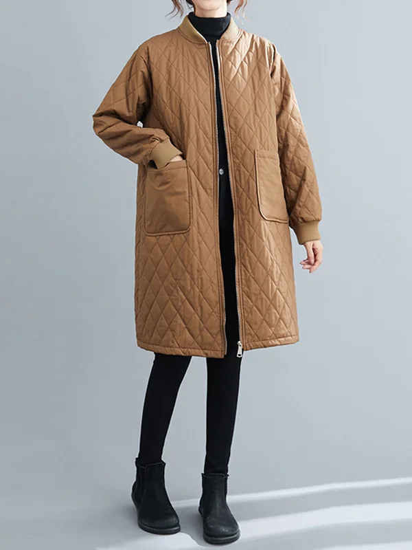Zipper Solid Color Quilted Pockets Loose Long Sleeves Stand Collar Padded Coat