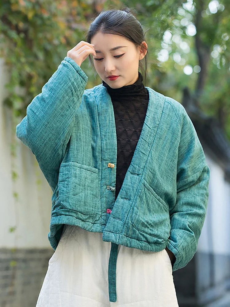 Women Winter Artsy Worn Solid Button Pocket Linen Coat