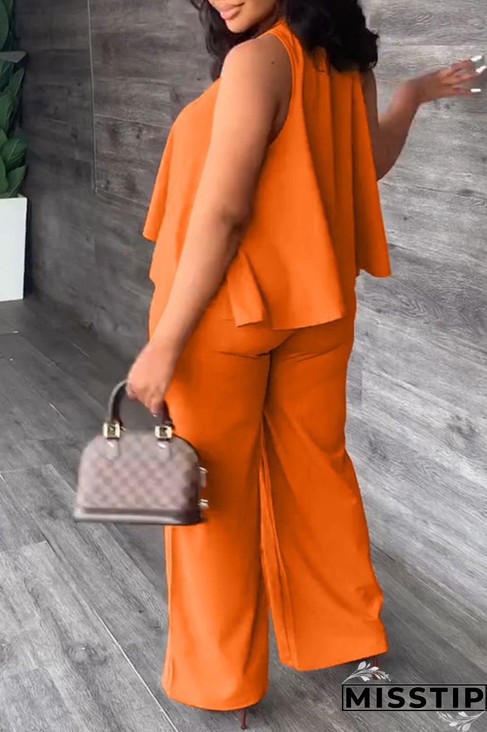 Orange Casual Solid Patchwork O Neck Plus Size Two Pieces