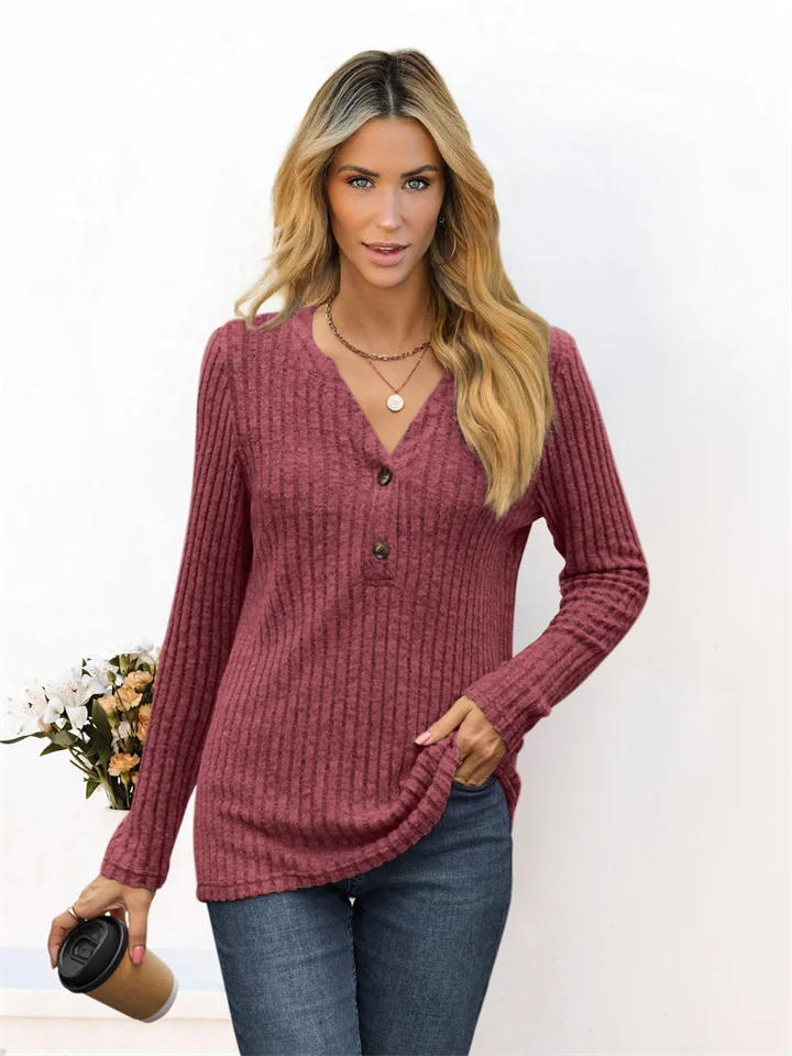 Autumn and Winter New Solid Color V-neck Buttons Loose Long-sleeved Temperament Commuter T-shirt Women's Tops