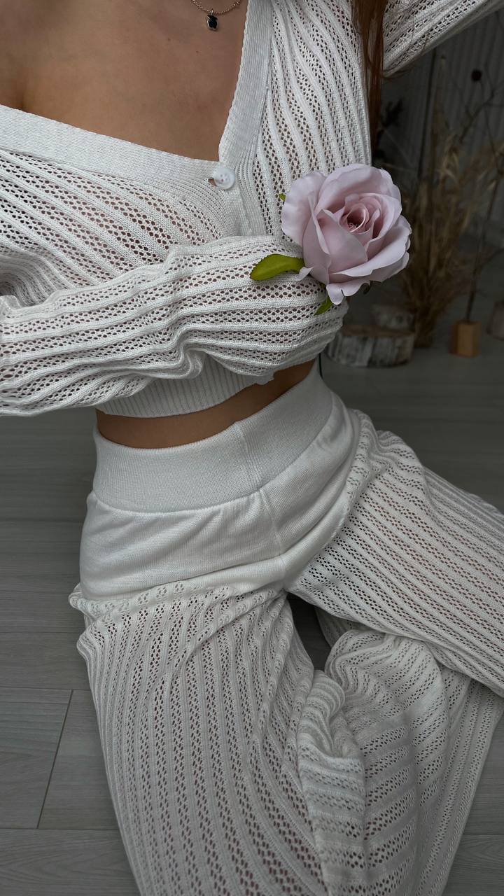 Ootddress Women Casual Knitted Sweater Outfits Buttons See-Through Long Sleeve High Waist Knit Two Piece Fashion Trousers Outfits