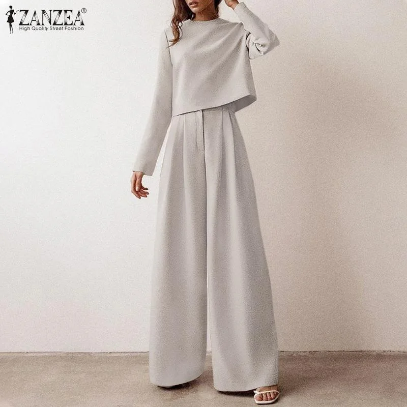 Autumn Women Casual Solid Matching Sets ZANZEA Elegant Long Sleeve Blouse Wide Leg Pant 2PCS Oversize High Waist Pant Sets Femme