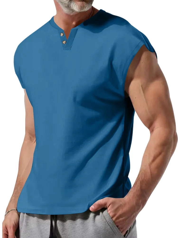 Men's Summer V-Neck Button-Down Solid Color Cotton Sleeveless Vest