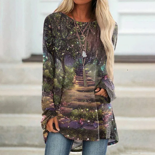 Forest Print Long Sleeve Casual Tunic