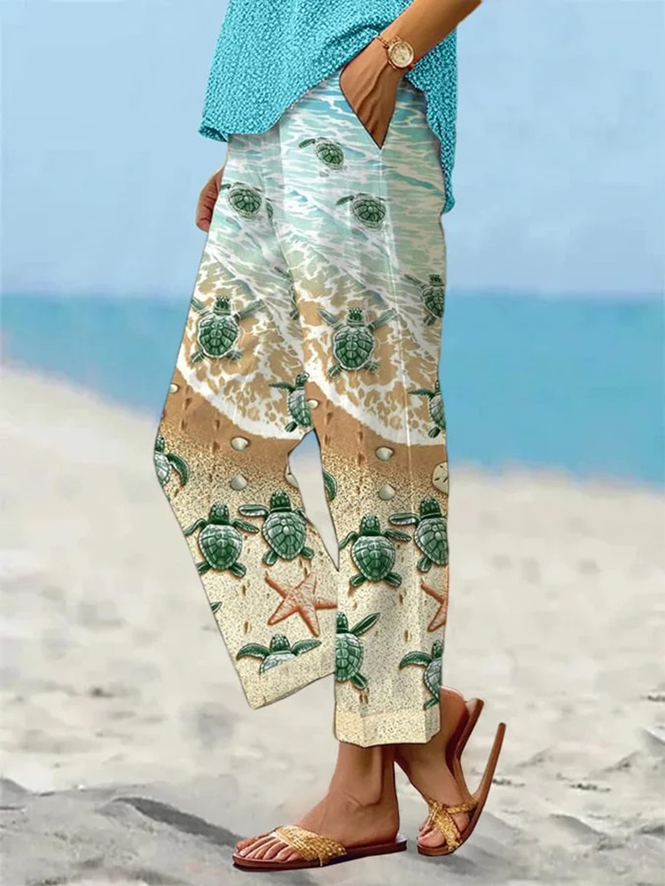 Comstylish Sea Turtle Print Vacation Casual Pants