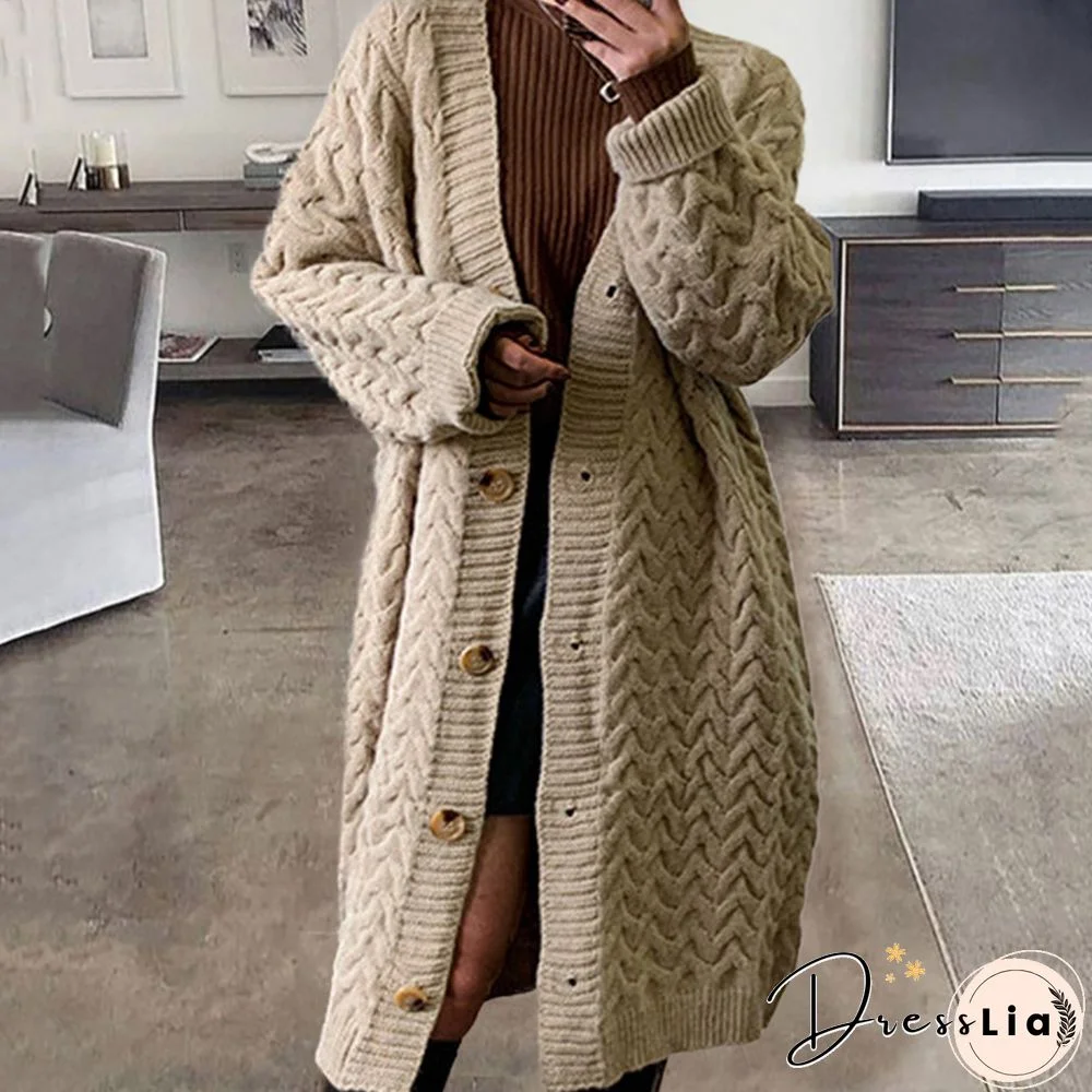Fall Winter Warm Thick Wool Solid Outerwear Women Fashion Vintage Single Breasted Jackets Knitted Long Sweater Ladies Cardigan