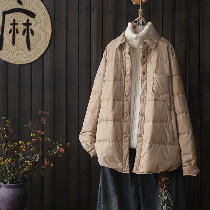 Toloer Literary Pure Color Shirt Collar Light Down Jacket Shirt Female Autumn And Winter 2024 New White Duck Down Fashion Down Jacket Coat-Outfit Ideas