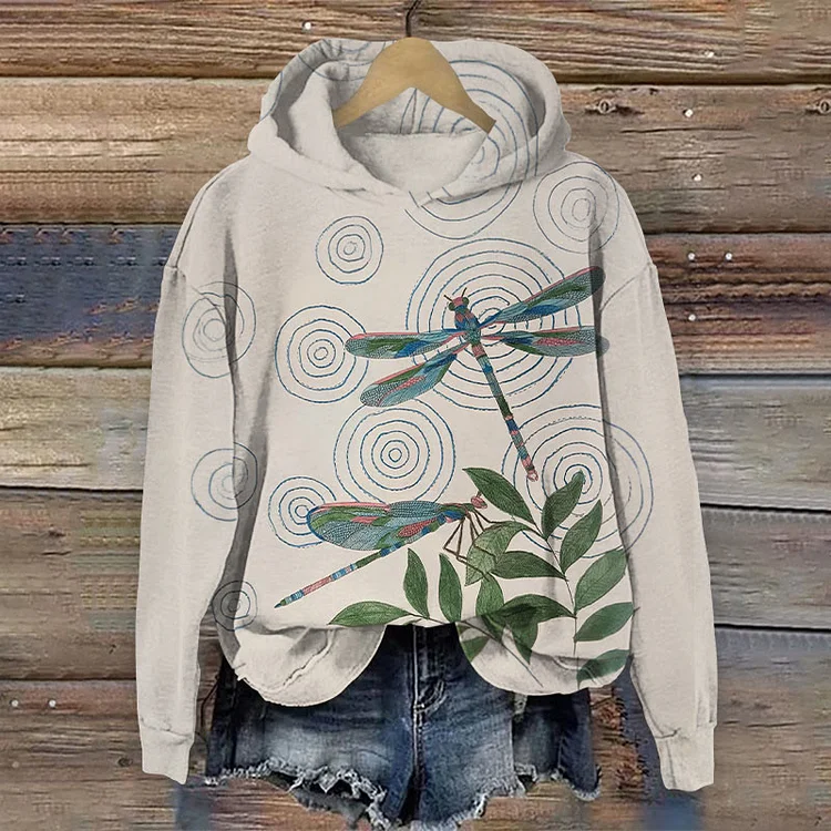 Japanese Style Water Ripple Dragonfly Print Casual Long Sleeve Hoodie