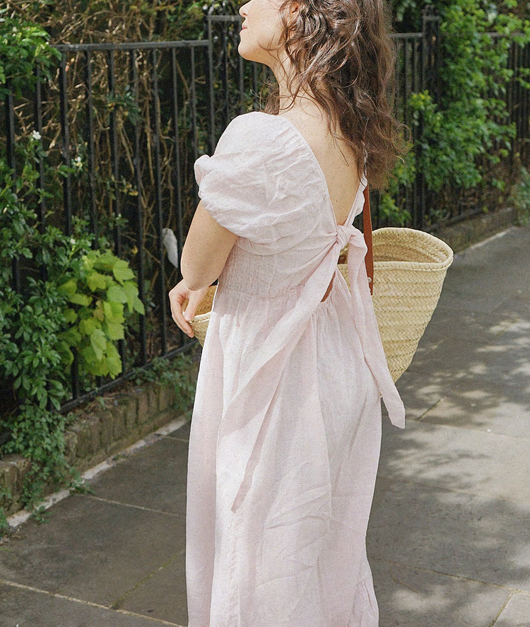 Square Neck Tiered Skirt Puff Sleeve Linen Dress