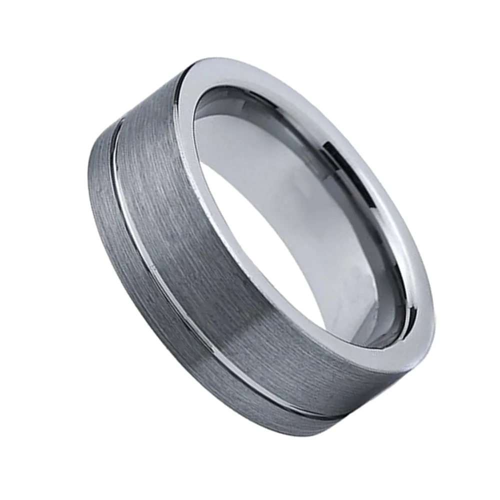8MM Flat Tungsten Carbide Ring Silver Thin Grooves Brushed For Men