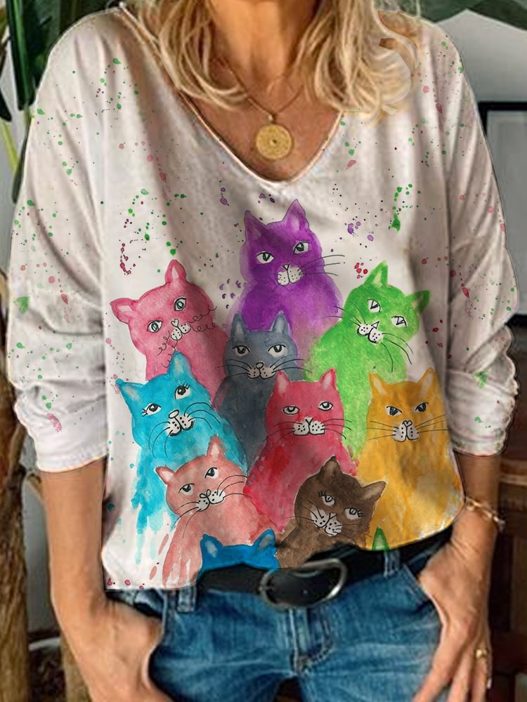 Women's V-Neck Cat Painting Loose Long Sleeve T-Shirt