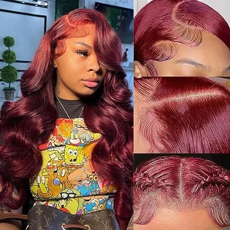 13x4 Burgundy Body Wave Lace Front Wigs Human Hair Pre Plucked