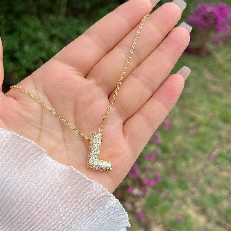 Copper 18K Gold Plated Hip-Hop Minimalist Classic Style Polishing Inlay Letter Zircon Pendant Necklace