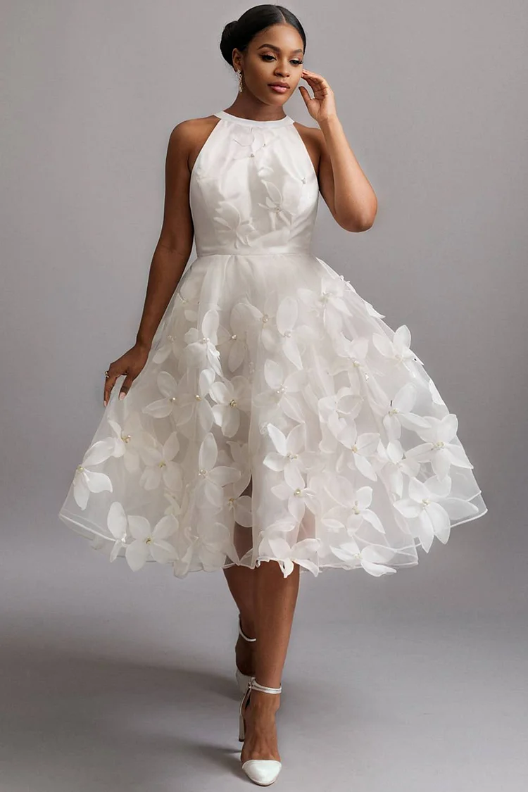 Xpluswear Design Plus Size Wedding White Sundress Halter Collar 3D Midi Dresses [Pre-Order] 2024 - Xpluswear