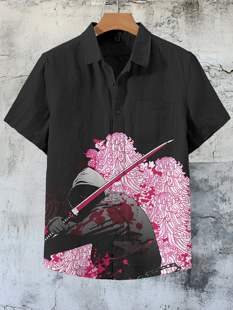 Men'S Japanese Samurai Under The Cherry Tree Print Short Sleeve Shirt