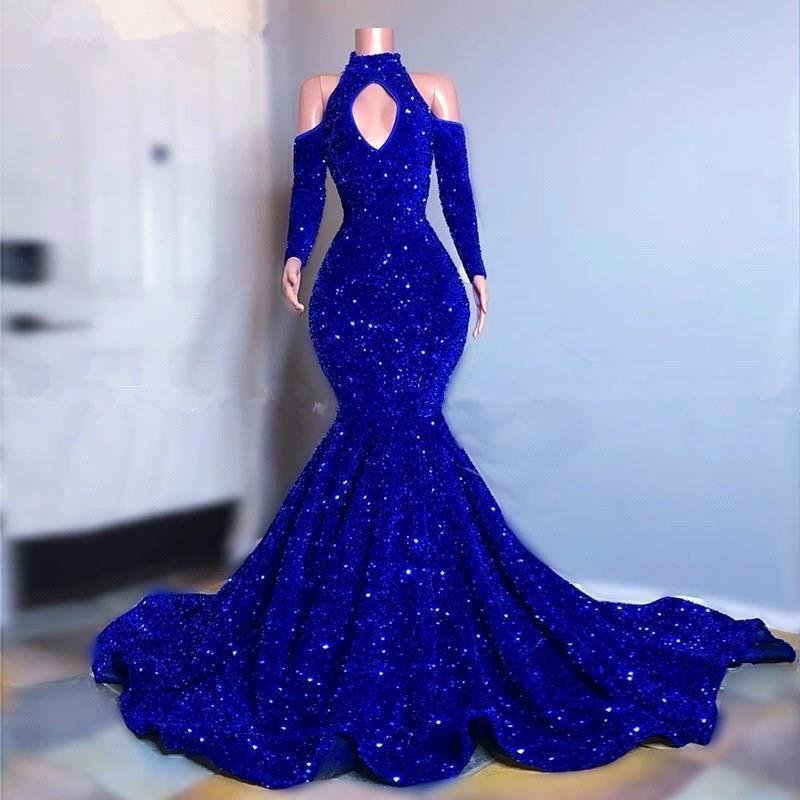Royal Blue Long Sleeves Mermaid Long Prom Dress High Collar With ...