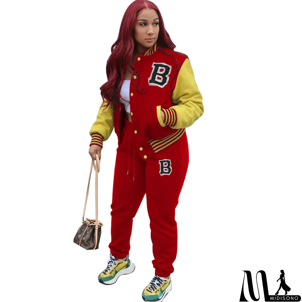 MidiSono - Women Letter Baseball Jacket and Pant Two-Piece Set