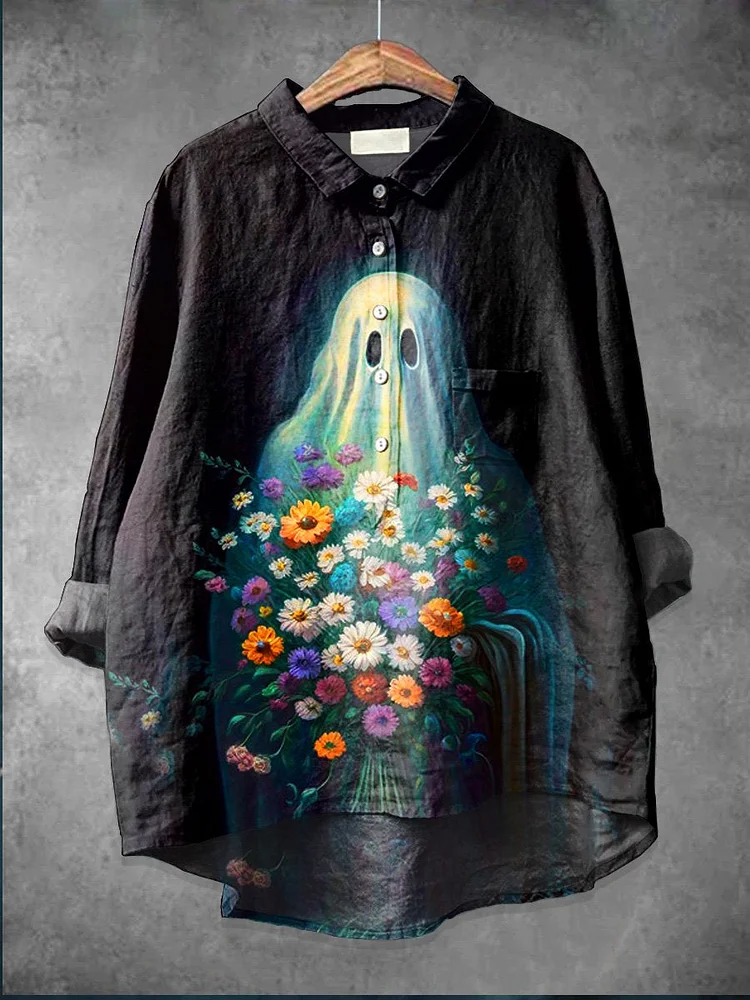 Women's  Halloween  Ghost Flower Art  Print Casual Cotton And Linen Shirt