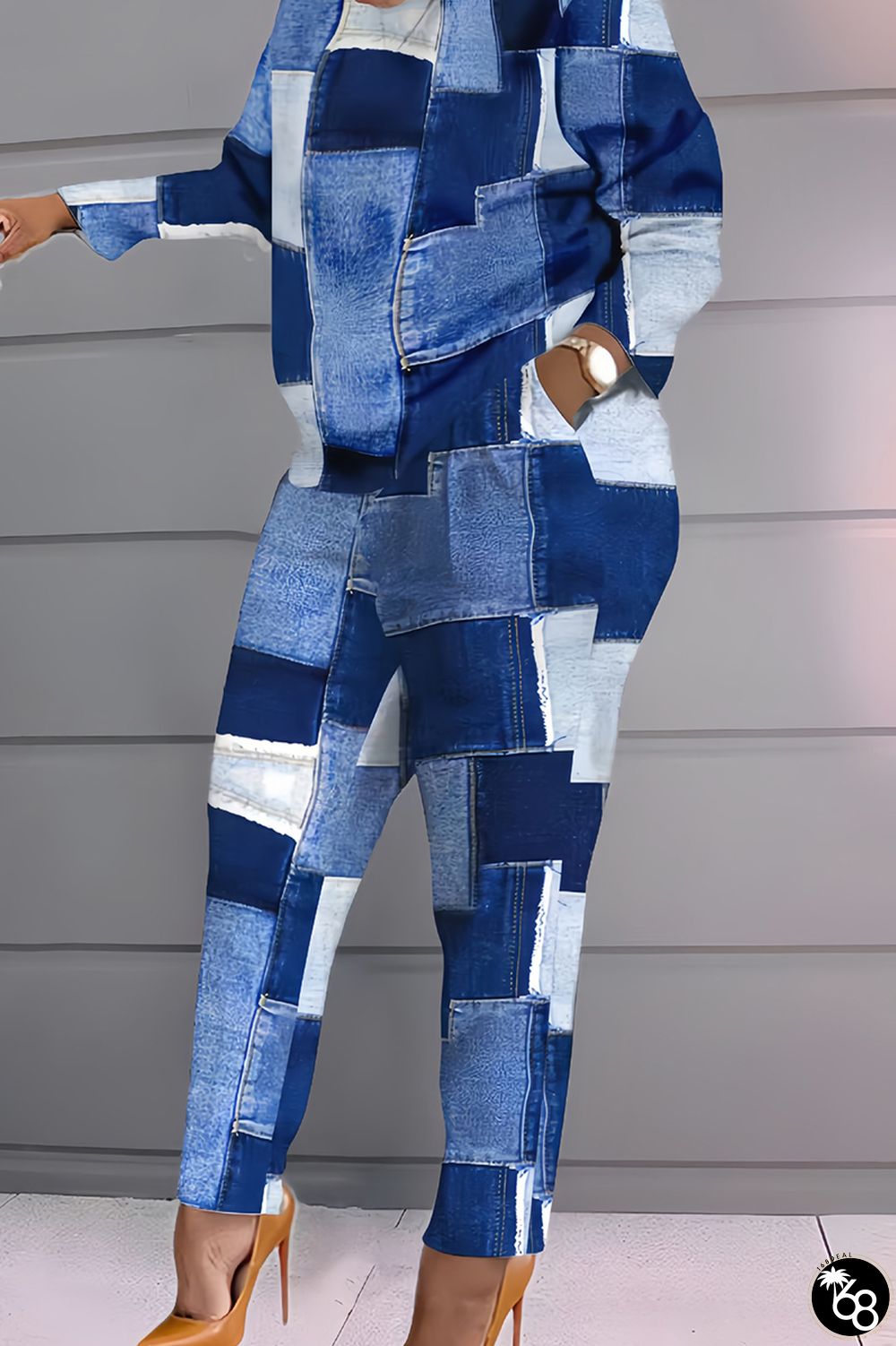 The cowboy blue Casual Plaid Geometric Striped Patchwork Pocket Printing O Neck Long Sleeve Two Pieces | 168DEAL