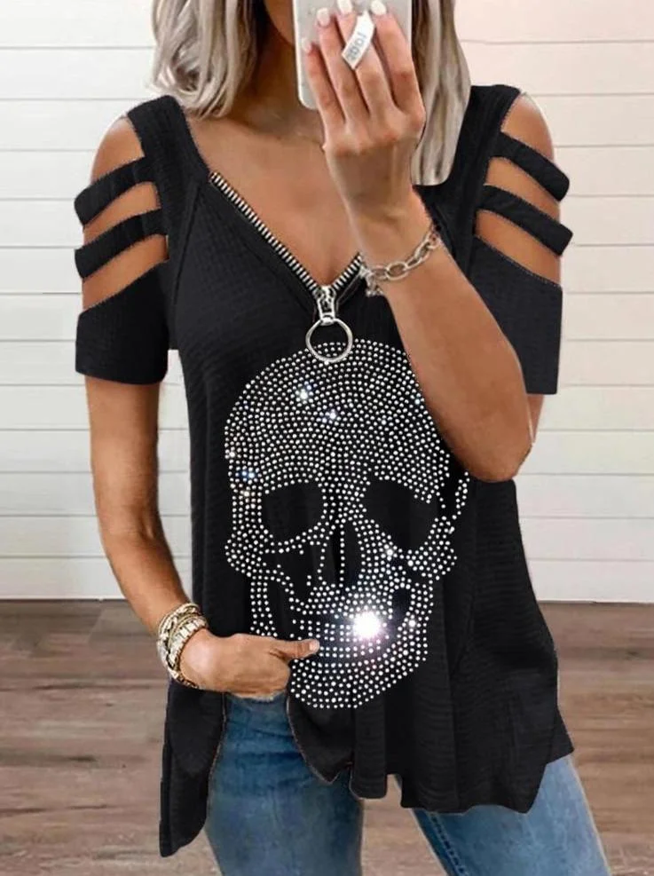 Skull Printed Zipper Off-shoulder T-shirt