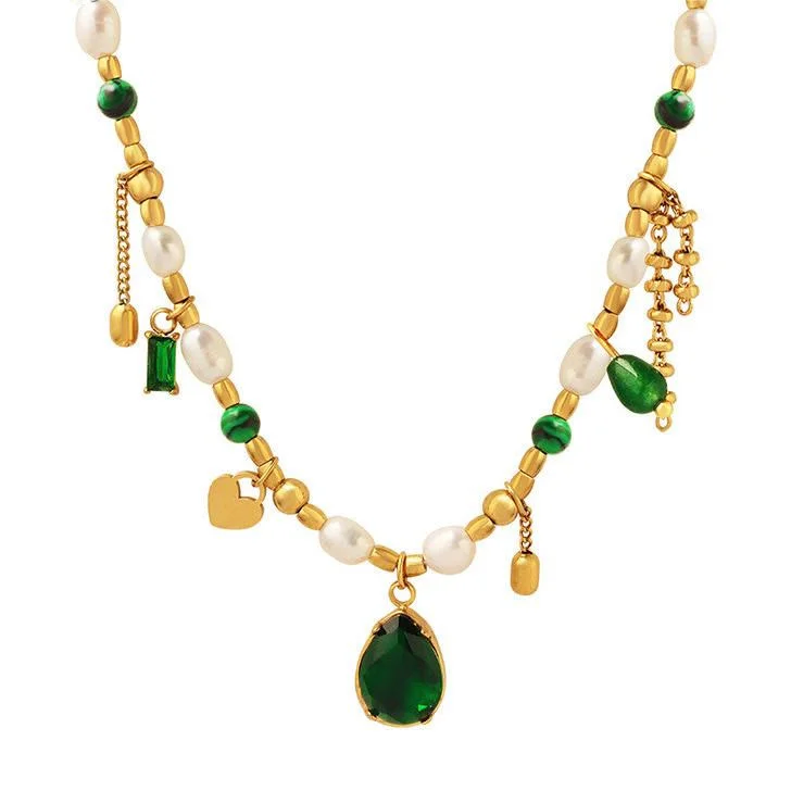 Olivenorma Emerald Pearl Beaded Non Fading Gold Necklace