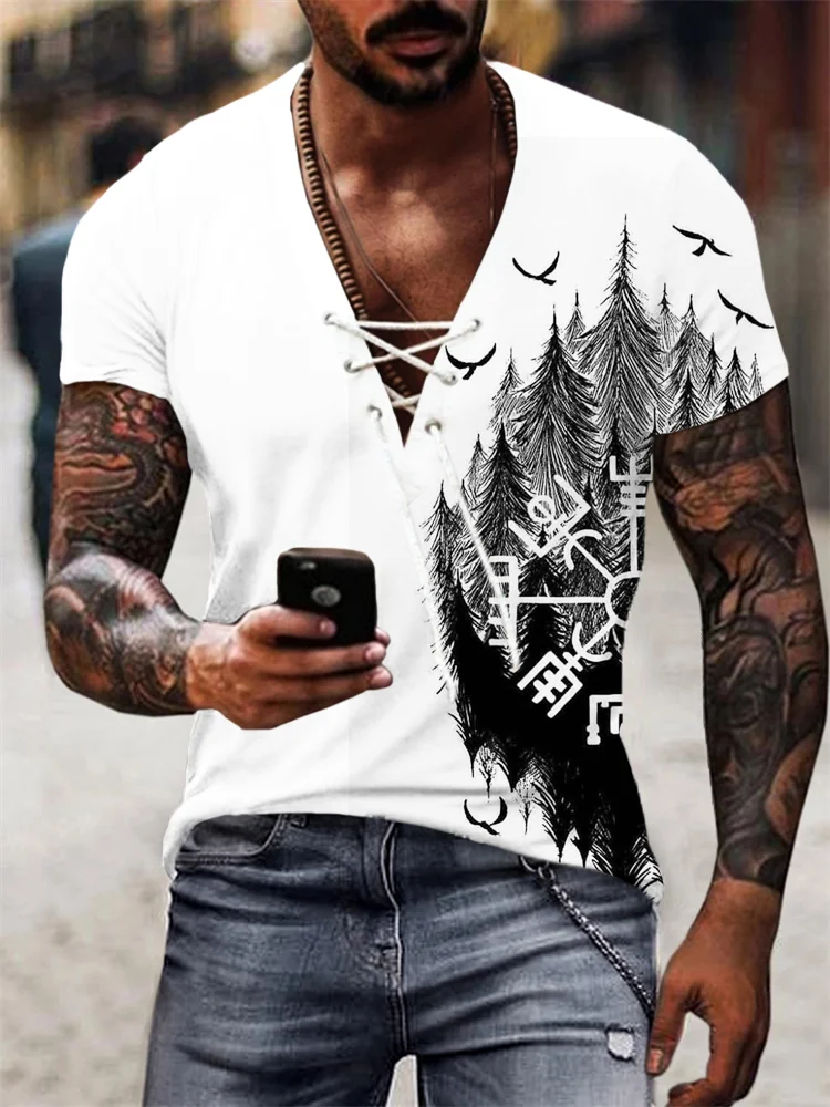 BrosWear Men's Viking Vegvisir Dark Forest Contrast Lace Up T Shirt