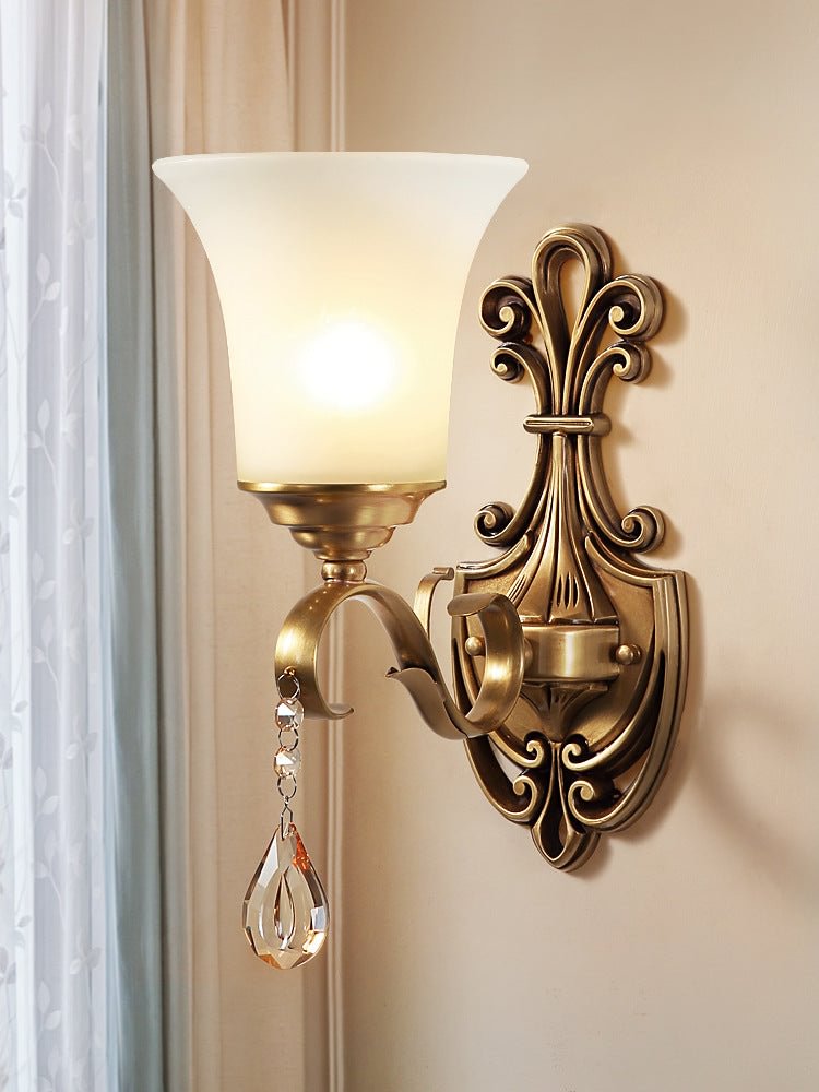 White Glass Bell Wall Sconce Light Vintage Style 1/2-Head Bedroom Brass Finish Wall Lighting with Clear Crystal Accent