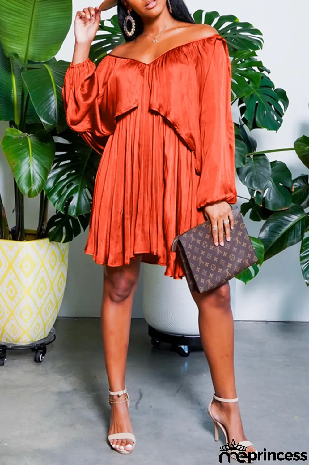 Orange Casual Solid Split Joint Off the Shoulder Cake Skirt Plus Size Dresses