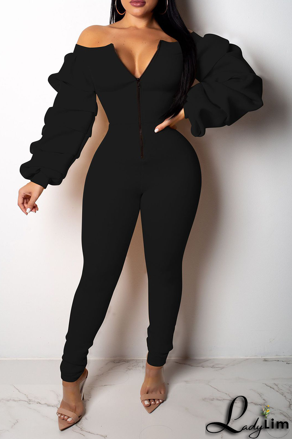 Black Sexy Solid Patchwork Zipper Collar Skinny Jumpsuits