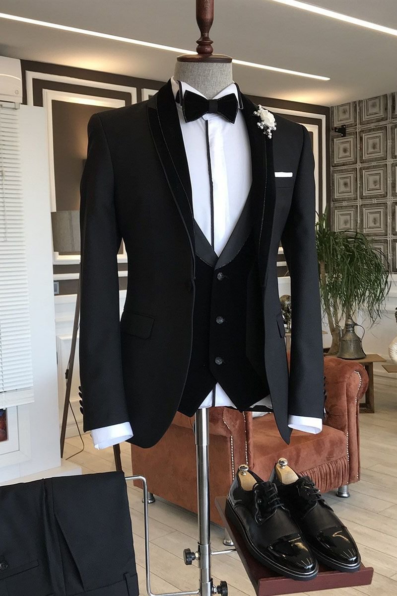 Modest Slim Fit 3-pieces Black Shawl Lapel wedding tuxedos For Grooms | Ballbellas Ballbellas