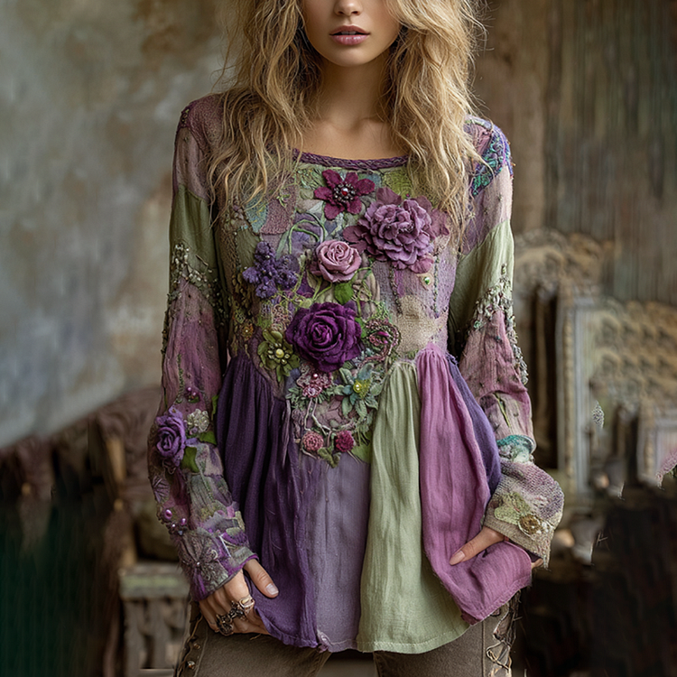 VChics Classy Vintage Floral Splicing Cotton And Linen Long Sleeve Shirt