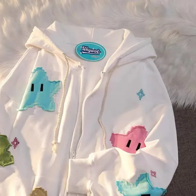 Aonga Y2k Zip Hoodie Sweatshirt Loose Long Sleeve Coat Kawaii Clothes Tops Harajuku Jacket Casual Gothic Cartoon Patchwork Streetwear aonga