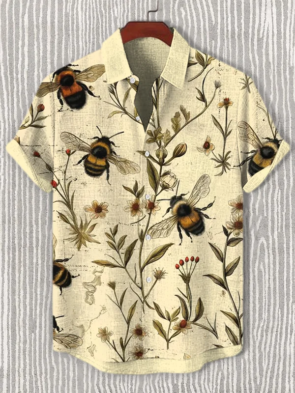 Men's Vintage Plants Flowers Bees Art Print Shirt