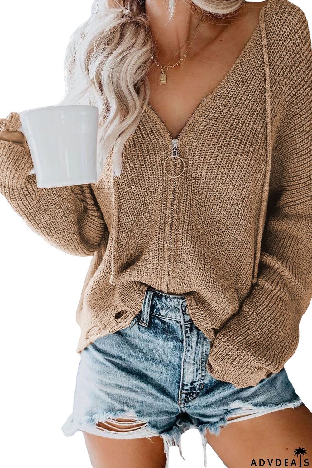 Zipper V-neck Dropped Sleeve Hooded Solid Sweater