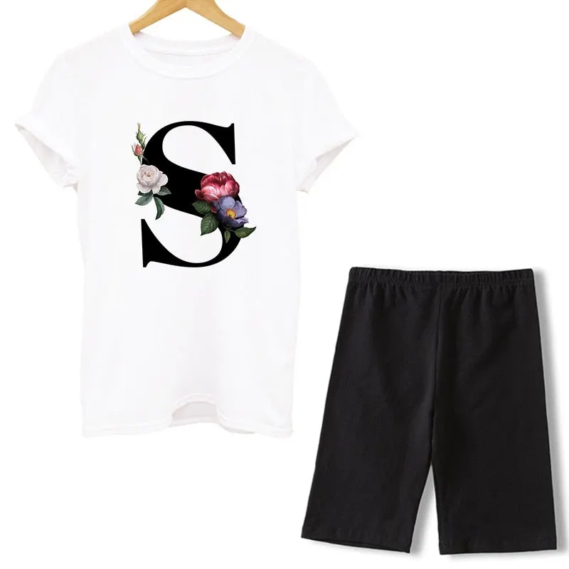 Women Two Piece Set Letter T Shirts And Shorts Sets Summer Short Sleeve O-neck Casual Biker Tracksuit Sexy Outfit For Woman 2
