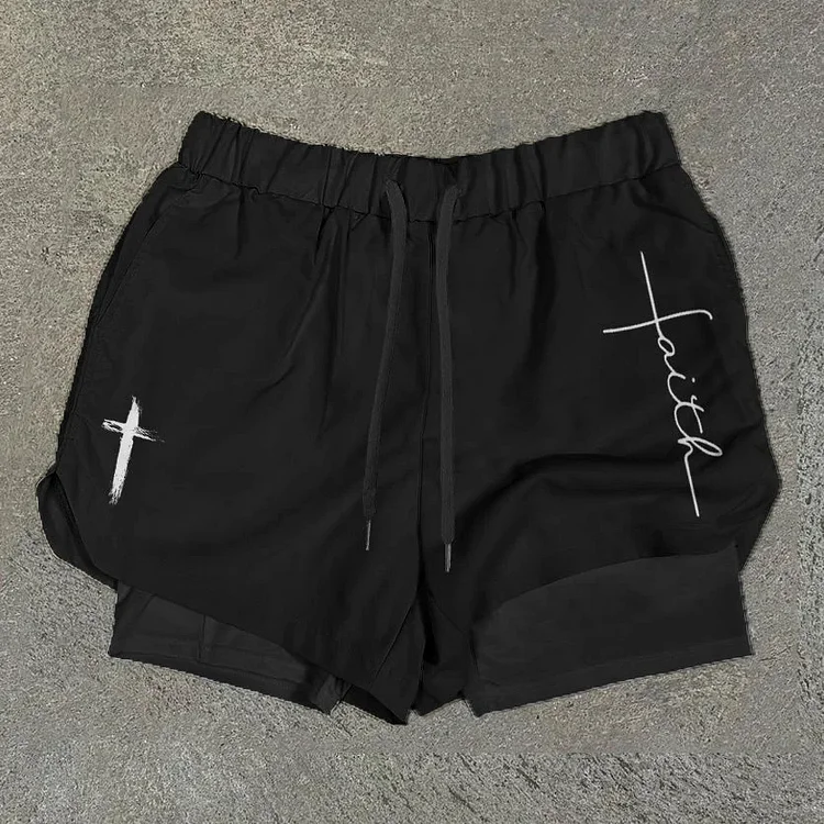 VChics Men's Faith Cross Print Double Layer Quick Dry Shorts
