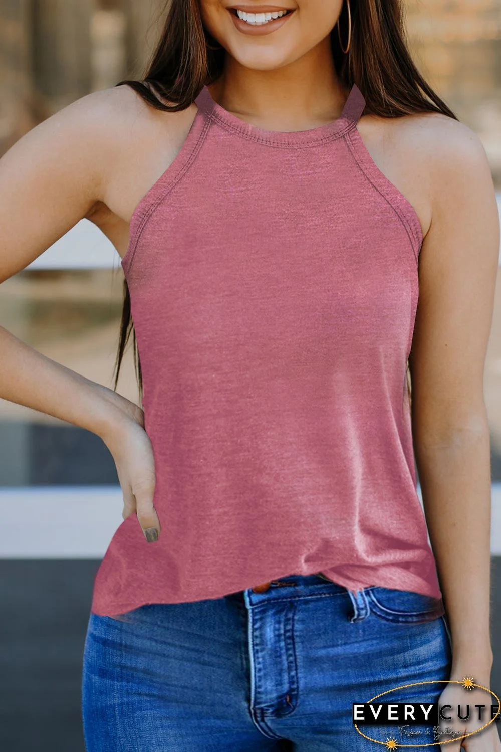 Pink Solid Color Crew Neck Tank Top
