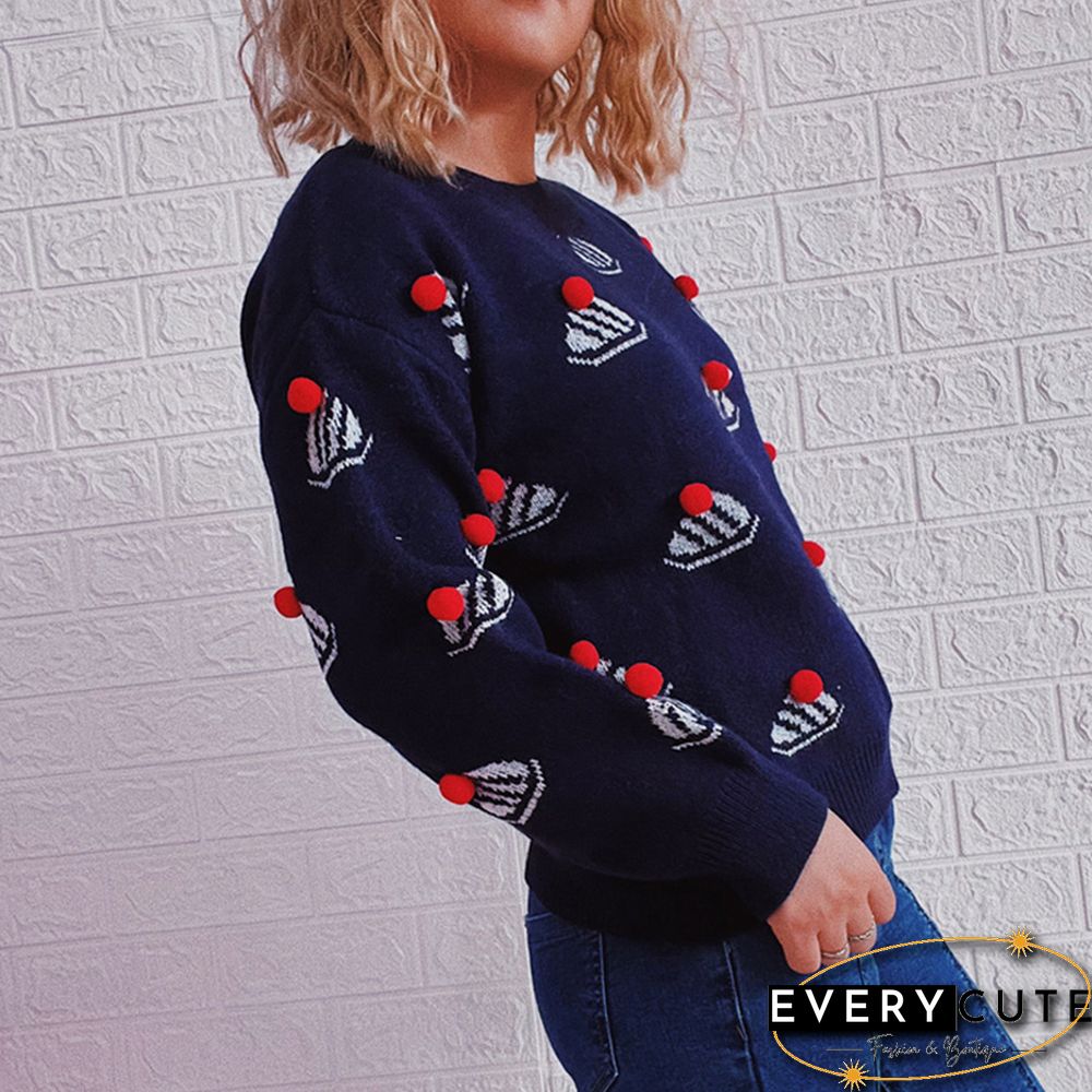 Navy Blue Christmas Hat Print Knit Pullover Sweater